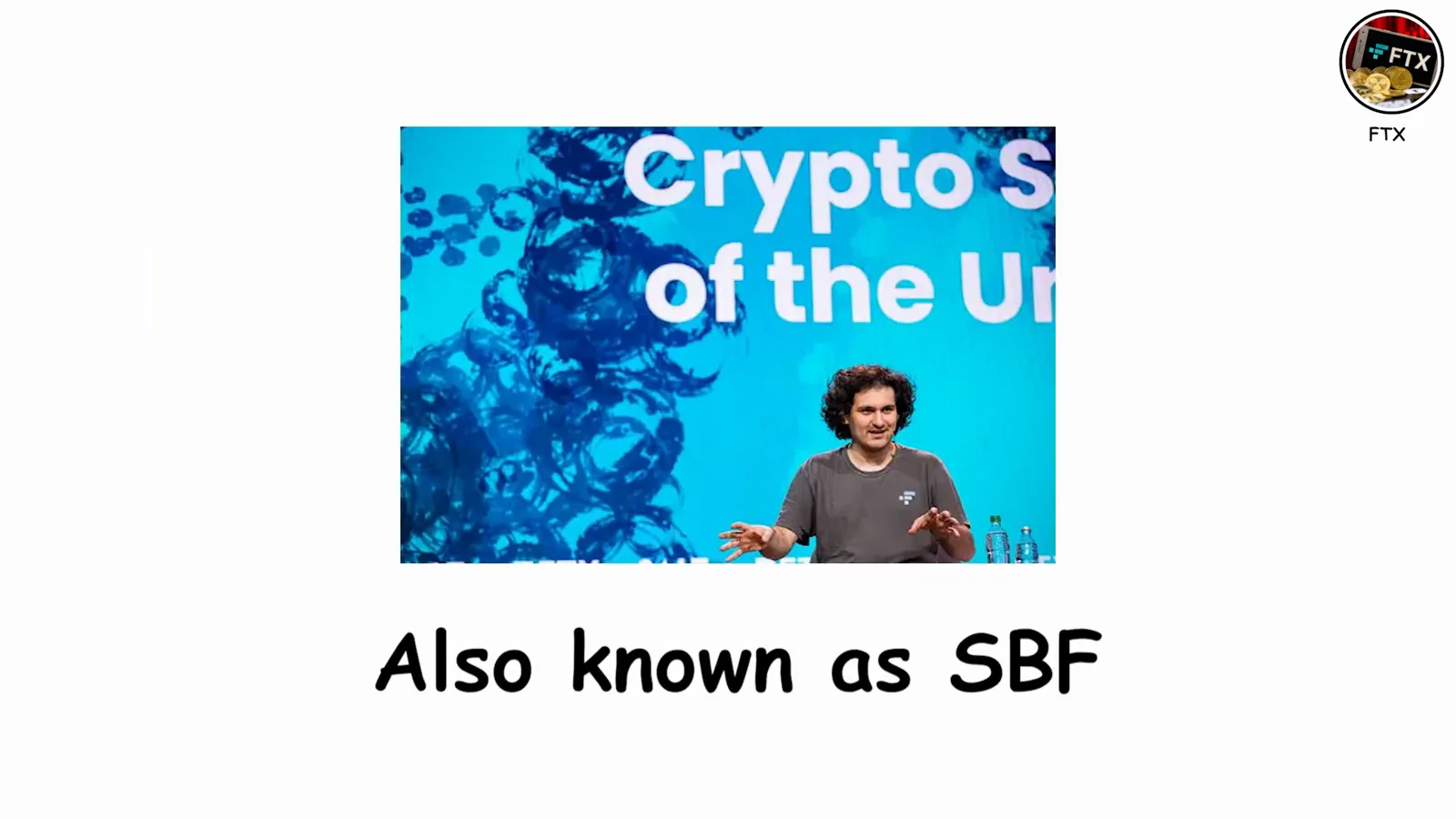 Sam Bankman-Fried presenting on a crypto conference stage, back when his FTX exchange carried a 32 billion dollar valuation