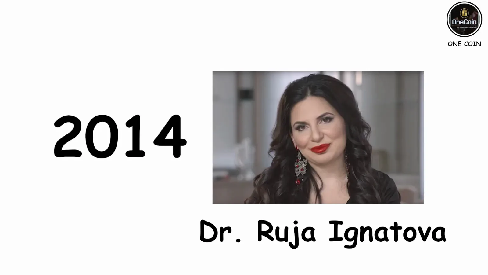 Portrait of OneCoin founder Dr. Ruja Ignatova beside the year 2014, when the self-styled Cryptoqueen began selling her fake cryptocurrency