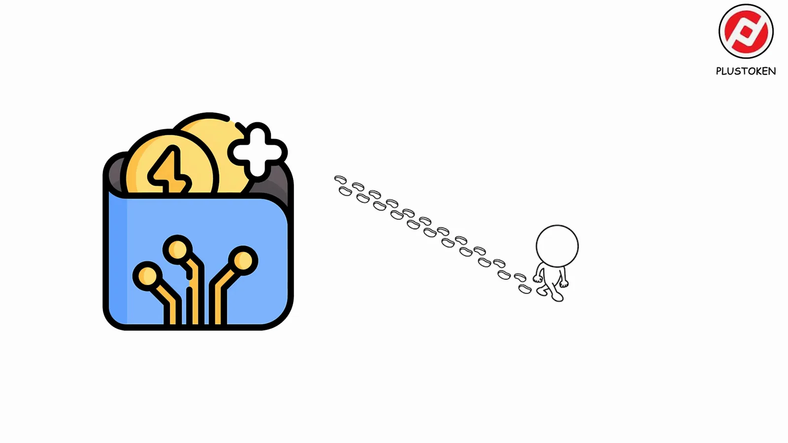 Blue crypto wallet icon trailing a chain of coins toward a small figure, showing how PlusToken operators drained funds through a web of wallets