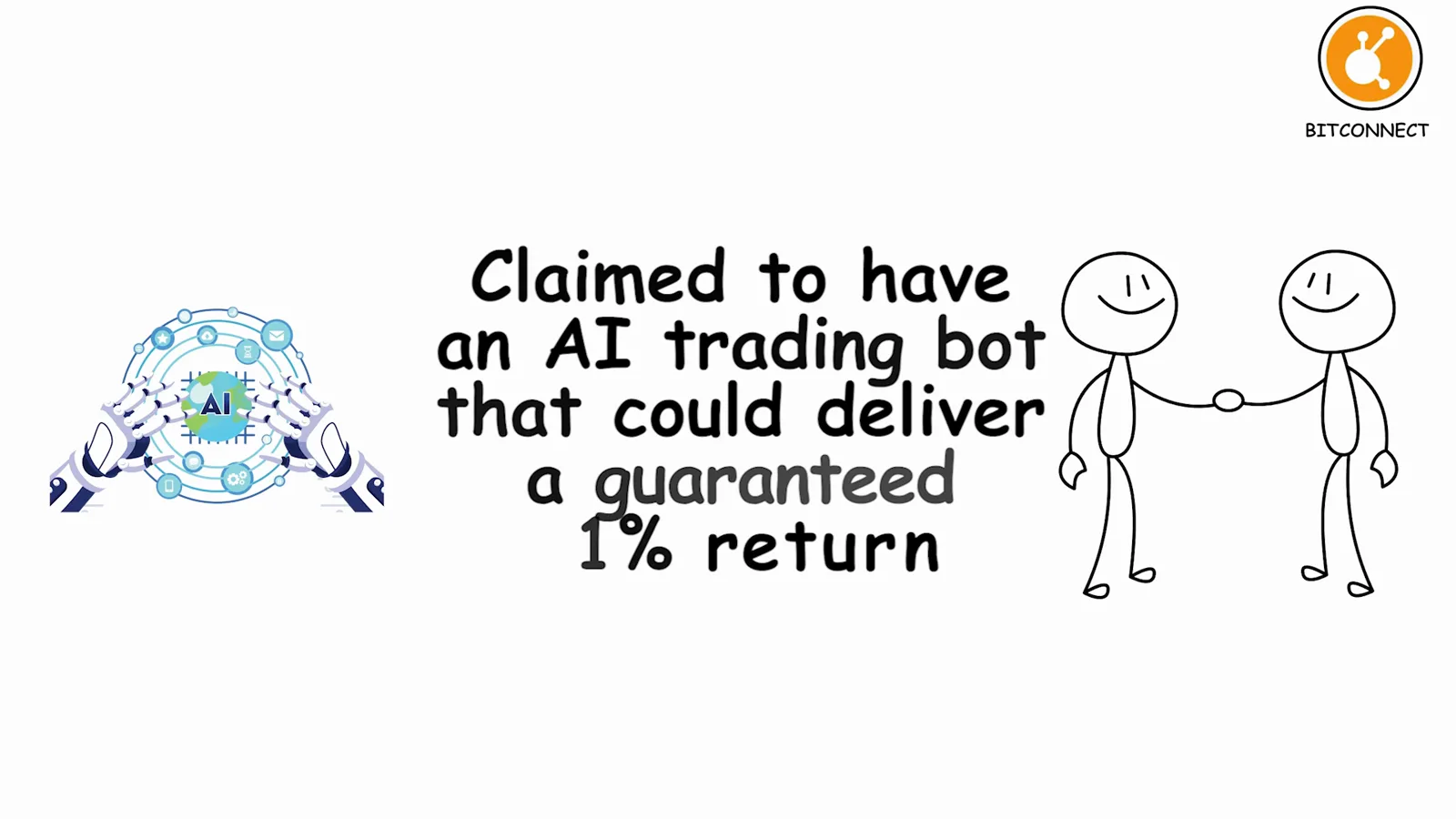 Whiteboard sketch of two figures shaking hands over an AI chip, illustrating BitConnect's claim of a guaranteed 1% daily return from its trading bot