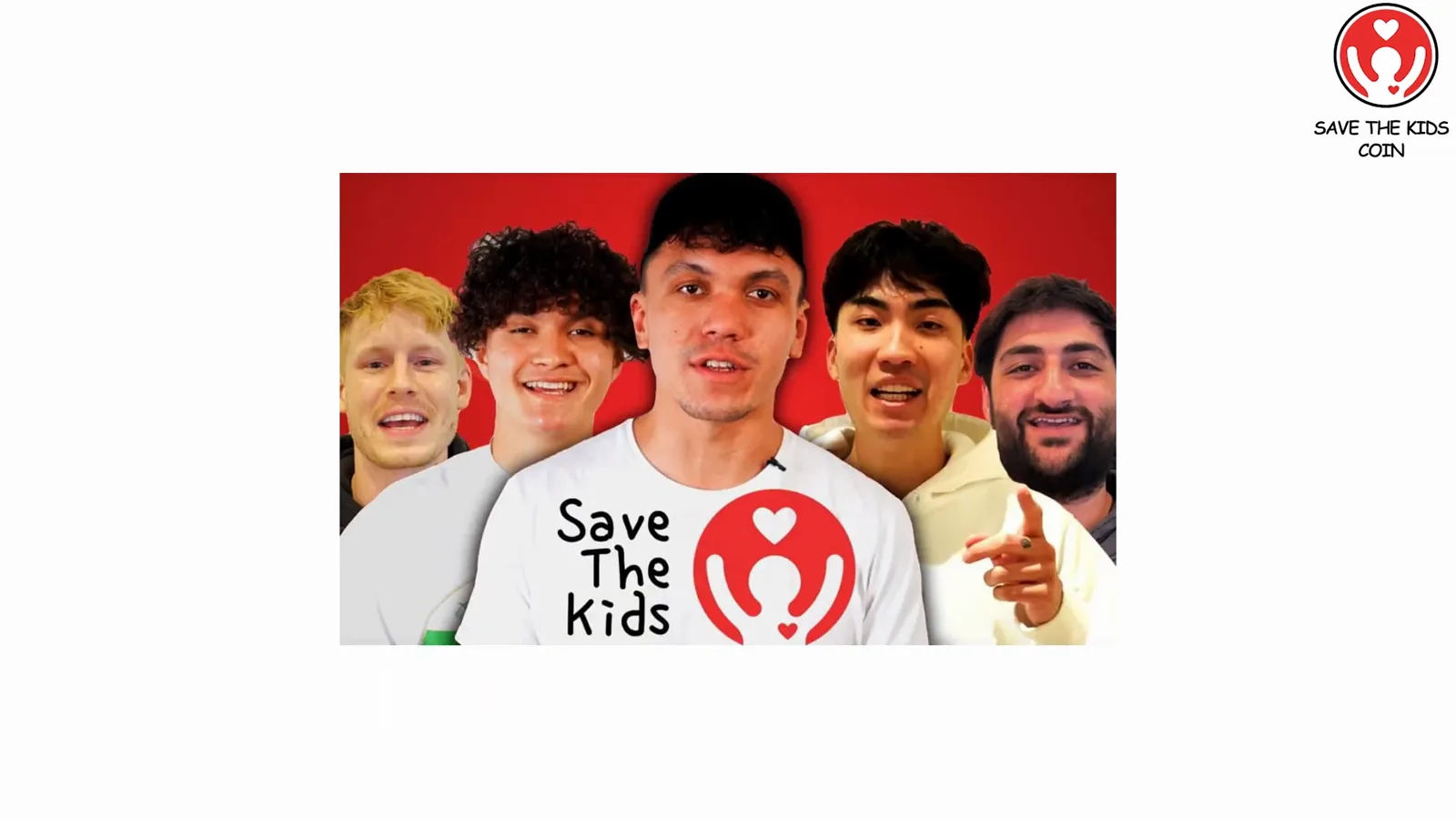 Five young YouTube influencers posing around a Save The Kids shirt, the promoter circle that pumped and dumped the 2021 charity token