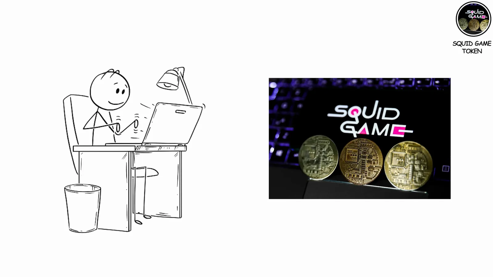 Three golden Squid Game token souvenirs displayed beneath the Netflix show's logo, the branding behind the 2021 Squid Game coin rug pull