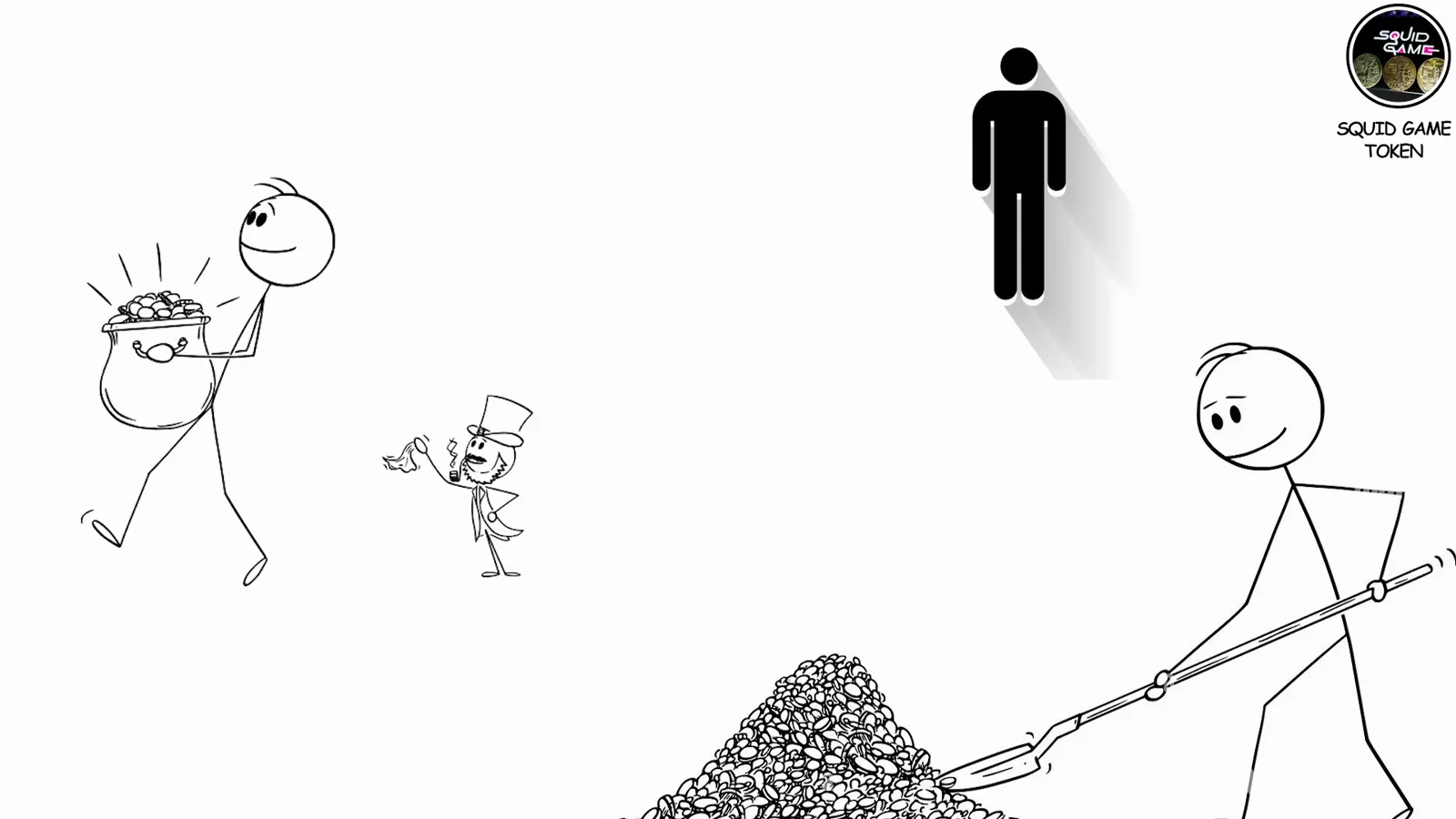 Whiteboard scene of Squid Game token developers carrying away a money sack while a boulder rolls over fleeing investors as the price collapses to zero