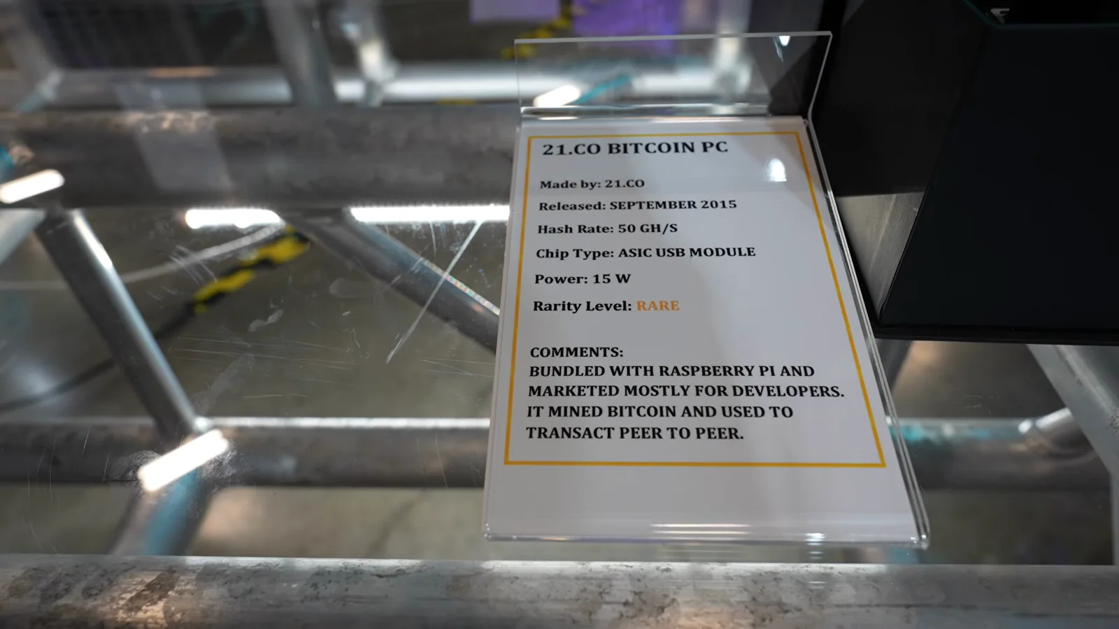 21.co Bitcoin PC placard listing a 50 GH/s ASIC USB module bundled with a Raspberry Pi in September 2015 21.co Bitcoin PC placard listing a 50 GH/s ASIC USB module bundled with a Raspberry Pi in September 2015