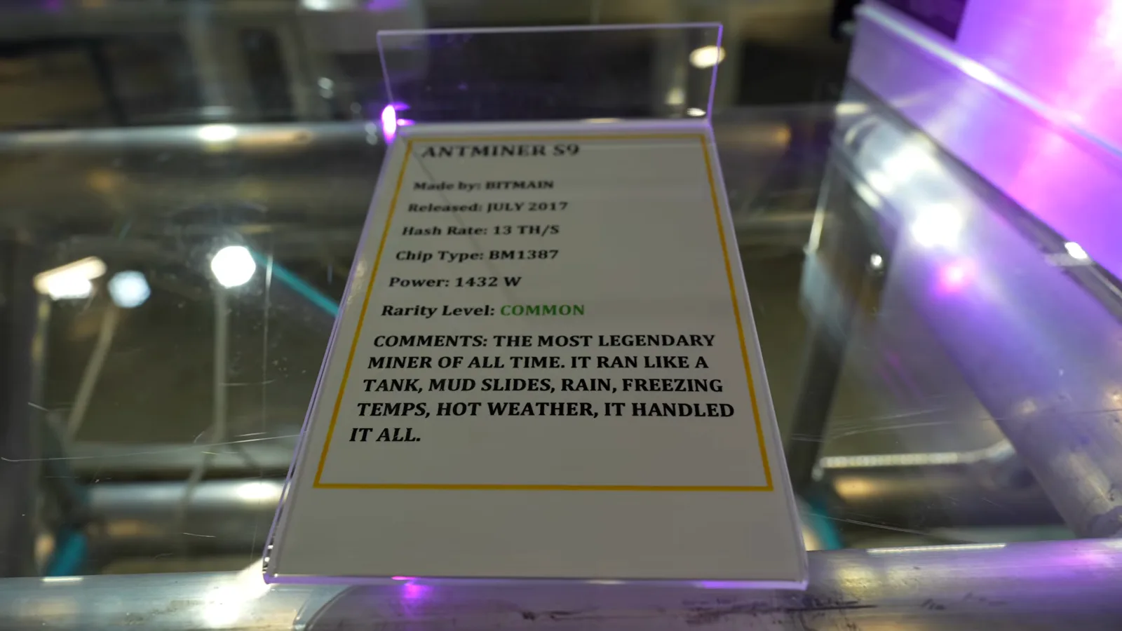 Antminer S9 placard describing the 13.5 TH/s miner that ran like a tank through mud, rain and freezing temps Antminer S9 placard describing the 13.5 TH/s miner that ran like a tank through mud, rain and freezing temps