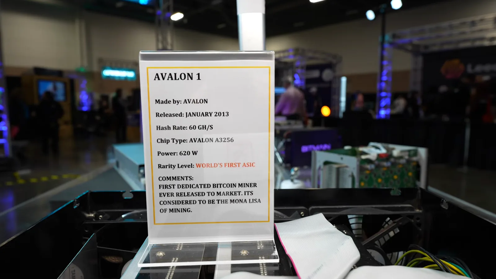 Avalon 1 placard labeled the world's first ASIC, the first dedicated bitcoin miner ever released to market Avalon 1 placard labeled the world's first ASIC, the first dedicated bitcoin miner ever released to market