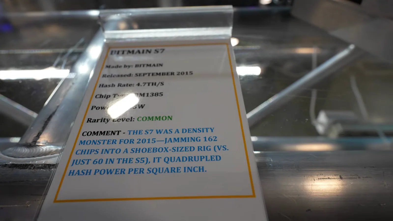 Bitmain S7 placard calling the 2015 rig a density monster that quadrupled hash power per square inch Bitmain S7 placard calling the 2015 rig a density monster that quadrupled hash power per square inch