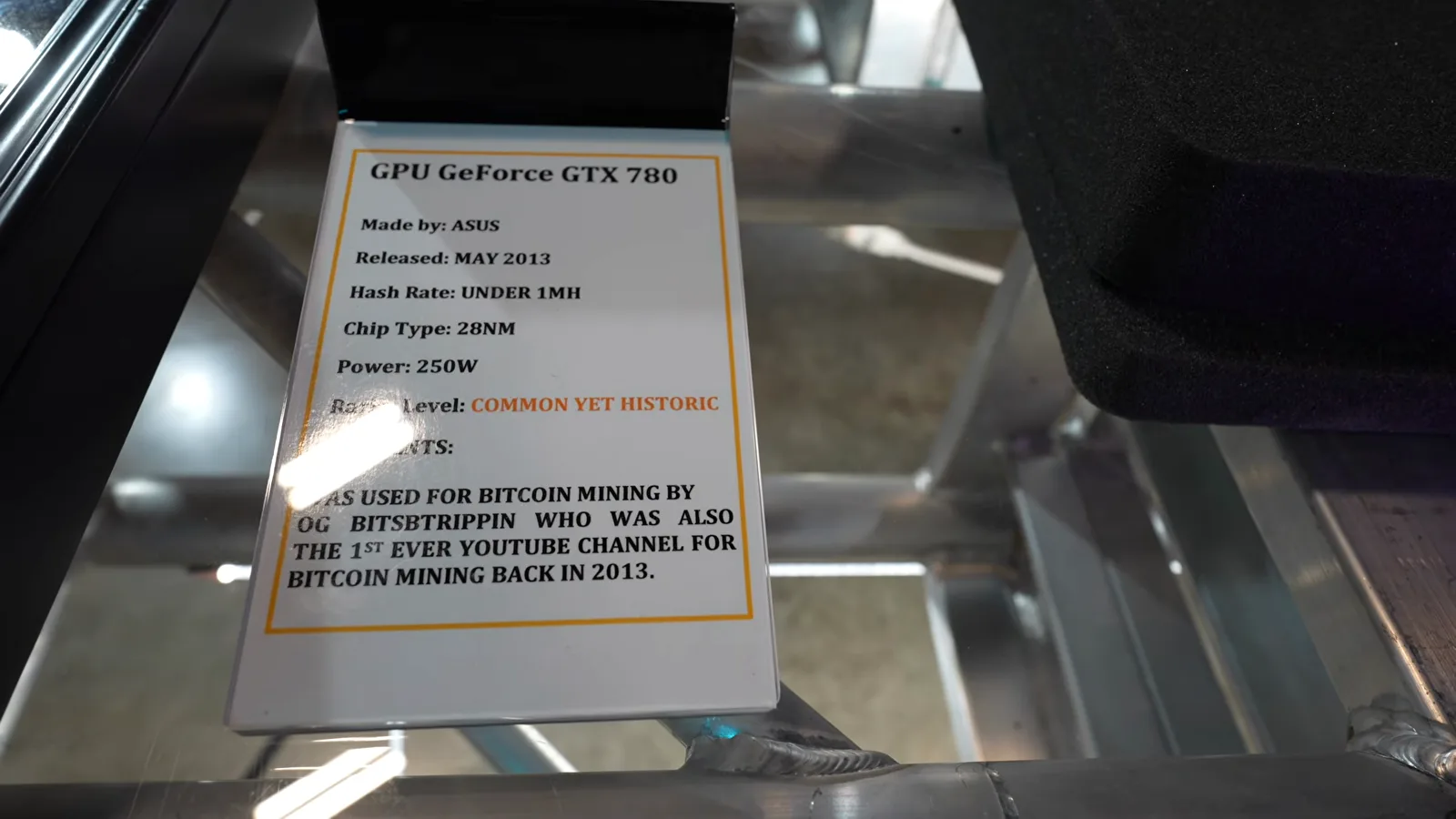 ASUS GeForce GTX 780 placard noting under 1 MH per card when GPUs became mainstream mining hardware ASUS GeForce GTX 780 placard noting under 1 MH per card when GPUs became mainstream mining hardware