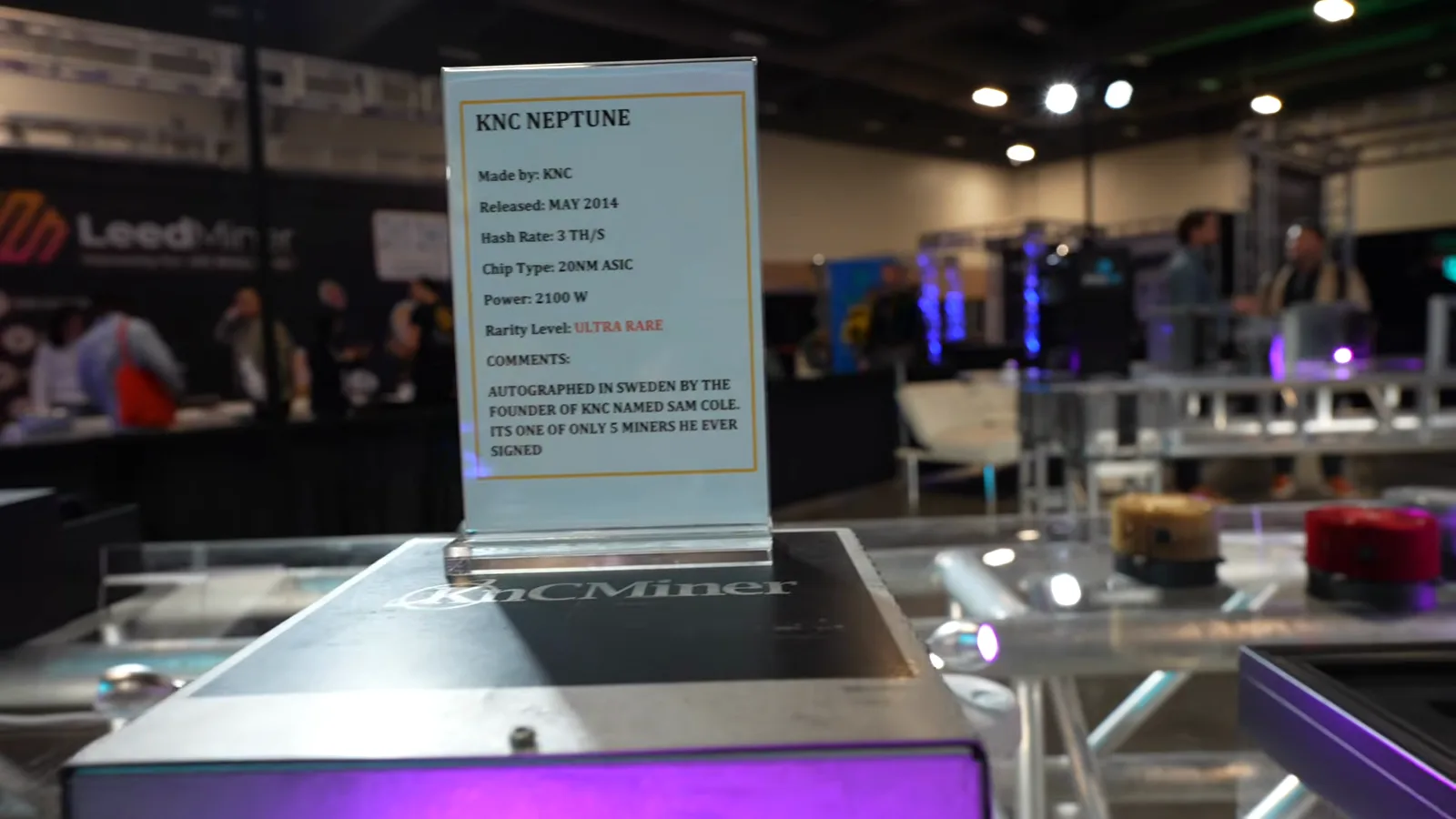 KnC Neptune placard describing a 3 TH/s Swedish ASIC miner, one of only five ever signed by founder Sam Cole KnC Neptune placard describing a 3 TH/s Swedish ASIC miner, one of only five ever signed by founder Sam Cole