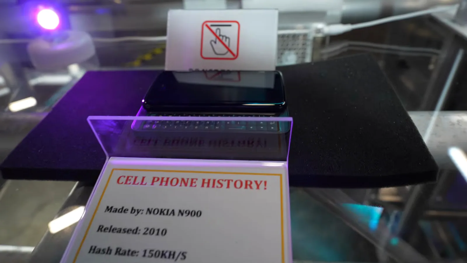 Nokia N900 phone on display with the Cell Phone History placard describing how it mined 0.42 bitcoin in 2010 Nokia N900 phone on display with the Cell Phone History placard describing how it mined 0.42 bitcoin in 2010