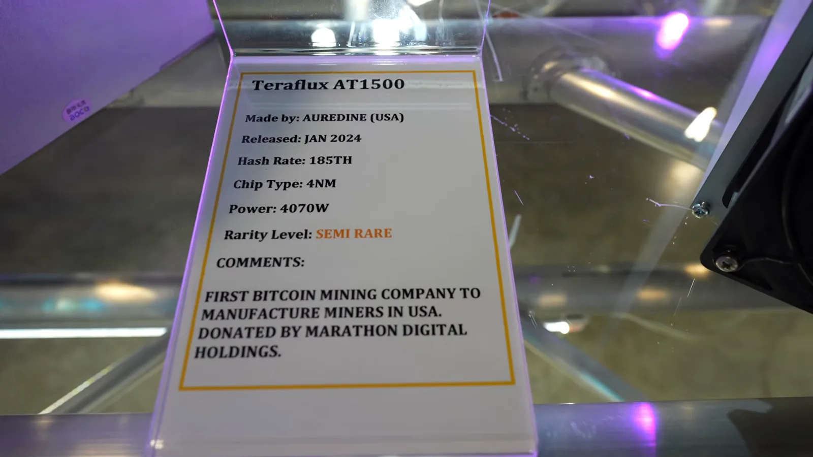 Teraflux AT1500 placard for Auradine's US-made 150 TH/s miner donated by Marathon Digital Holdings in 2024 Teraflux AT1500 placard for Auradine's US-made 150 TH/s miner donated by Marathon Digital Holdings in 2024