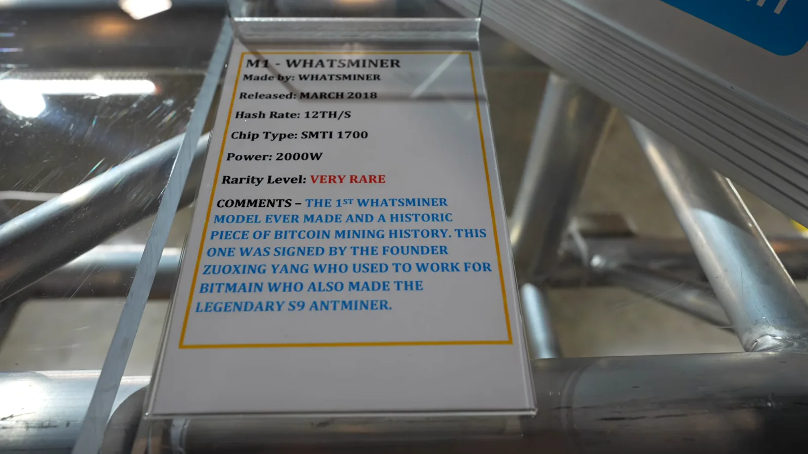 Whatsminer M1 placard, the first MicroBT miner ever made, signed by founder Zuoxing Yang after leaving Bitmain Whatsminer M1 placard, the first MicroBT miner ever made, signed by founder Zuoxing Yang after leaving Bitmain
