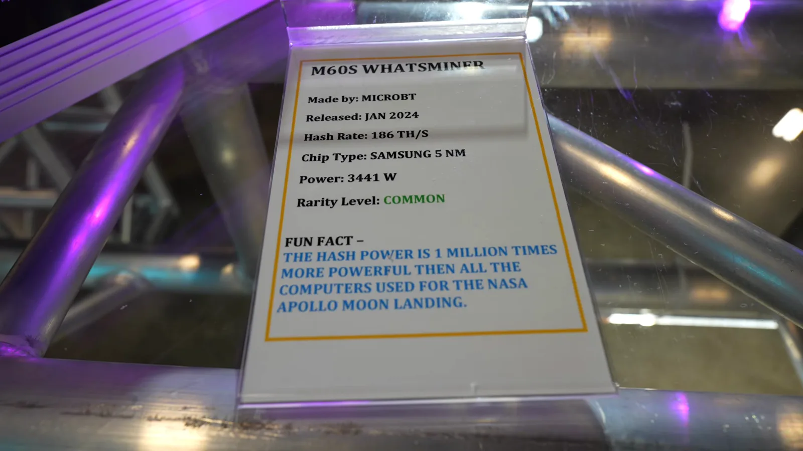 Whatsminer M60S placard claiming hash power one million times greater than all NASA Apollo mission computers Whatsminer M60S placard claiming hash power one million times greater than all NASA Apollo mission computers