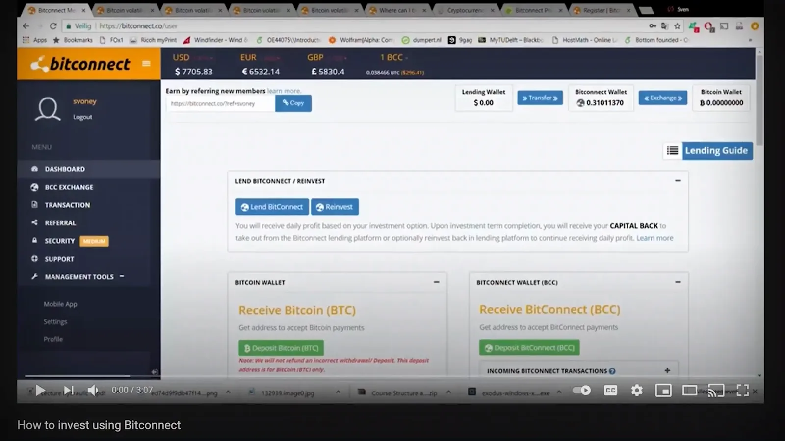 BitConnect dashboard showing lend and reinvest buttons beside Bitcoin and BCC wallet panels
