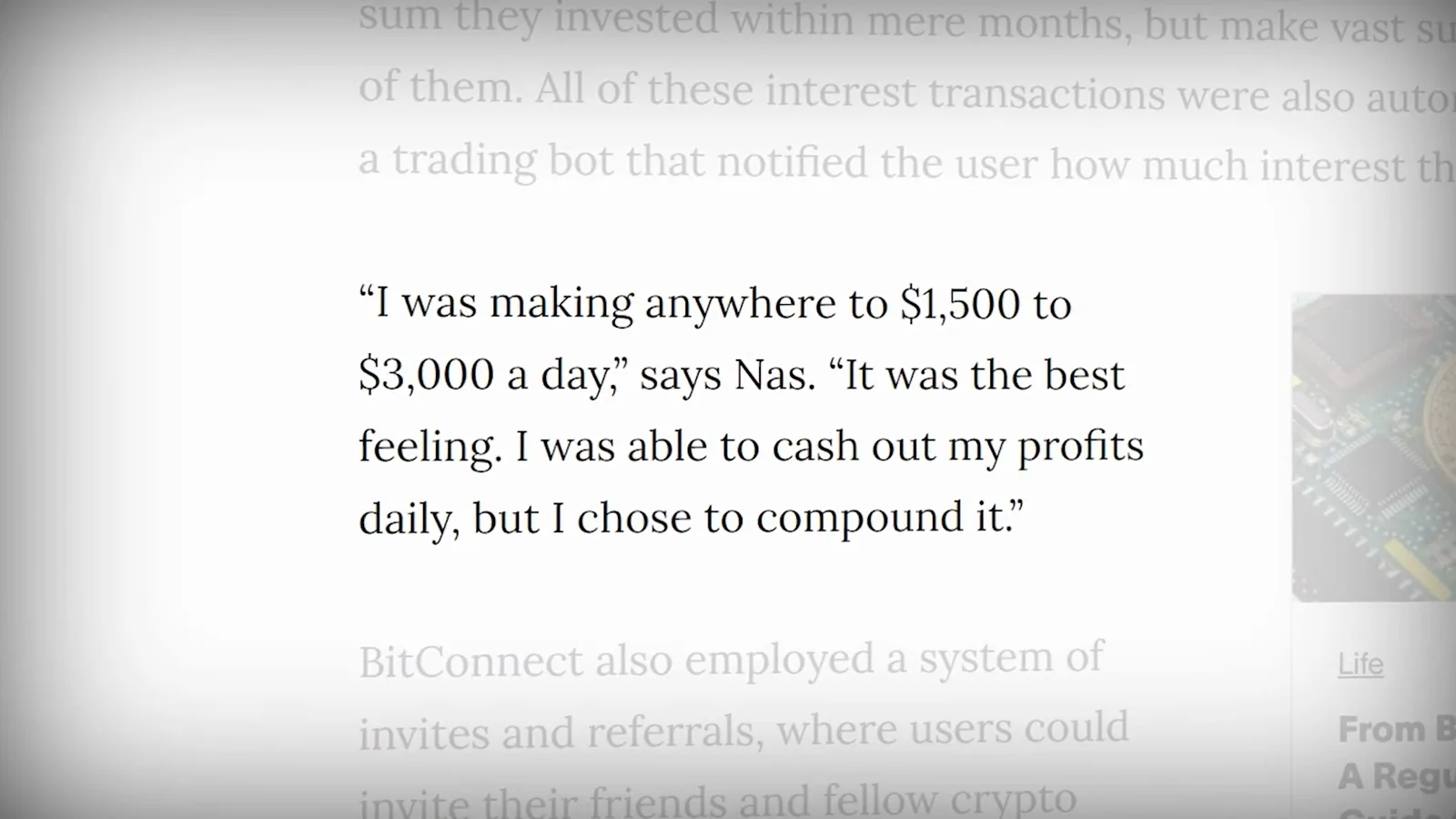 Quote slide from BitConnect investor Nas claiming 1500 to 3000 dollars a day reinvested as daily profit