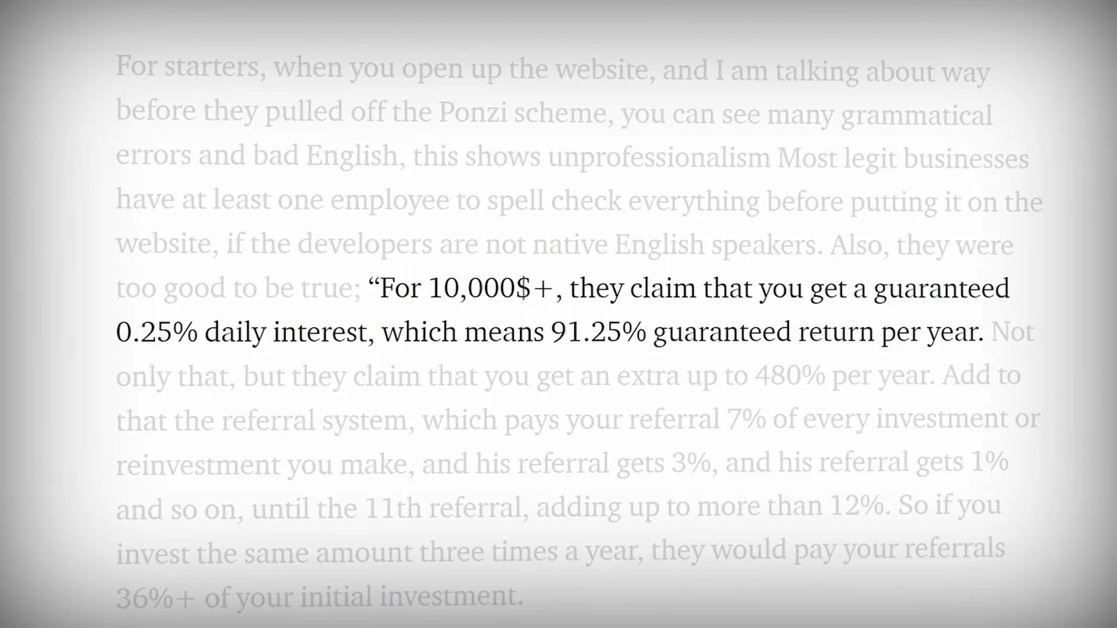 Quote slide of BitConnect's promised 0.25% daily interest and 91.25% guaranteed yearly return