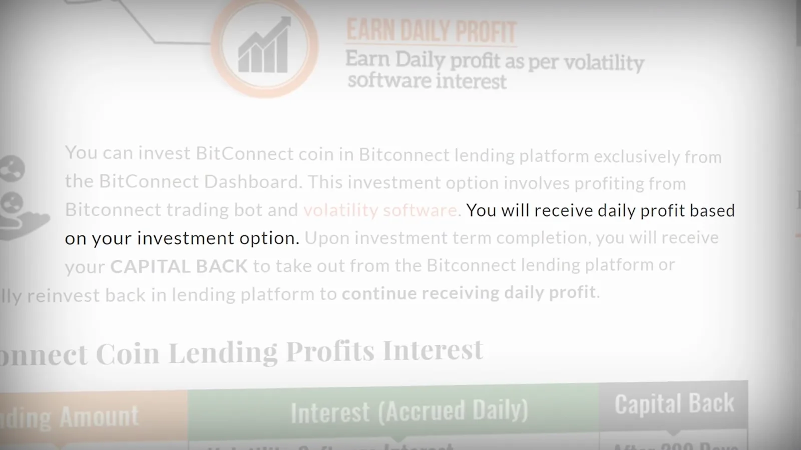 BitConnect lending page with volatility software daily interest tiers and capital back dates