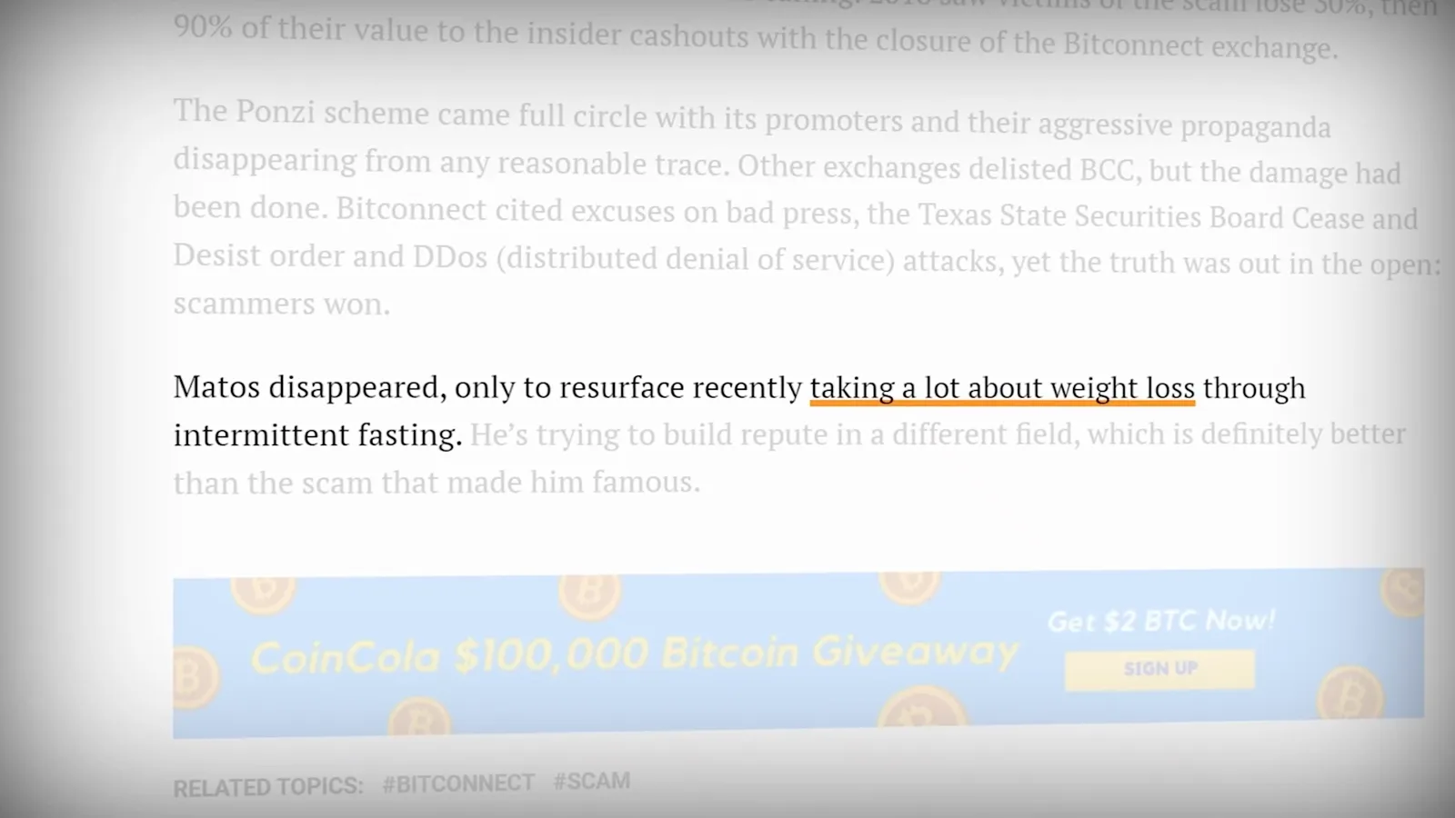 Article quote on Carlos Matos resurfacing with weight loss content years after his viral BitConnect speech
