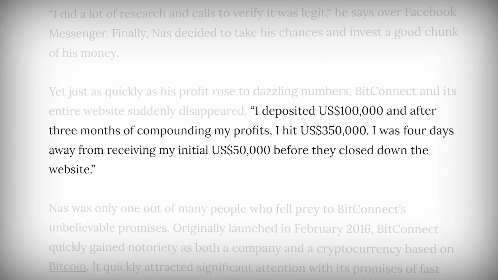 Quote slide of a BitConnect investor four days from a 50000 dollar payout when the platform closed