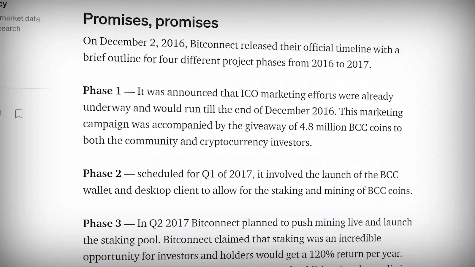 BitConnect roadmap slide from December 2016 listing four phases from ICO marketing to merchant adoption