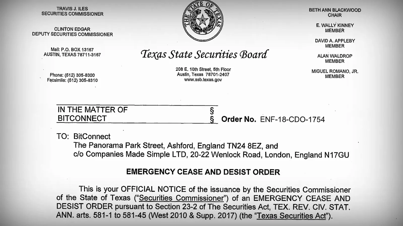 Texas State Securities Board emergency cease and desist order against BitConnect from January 2018
