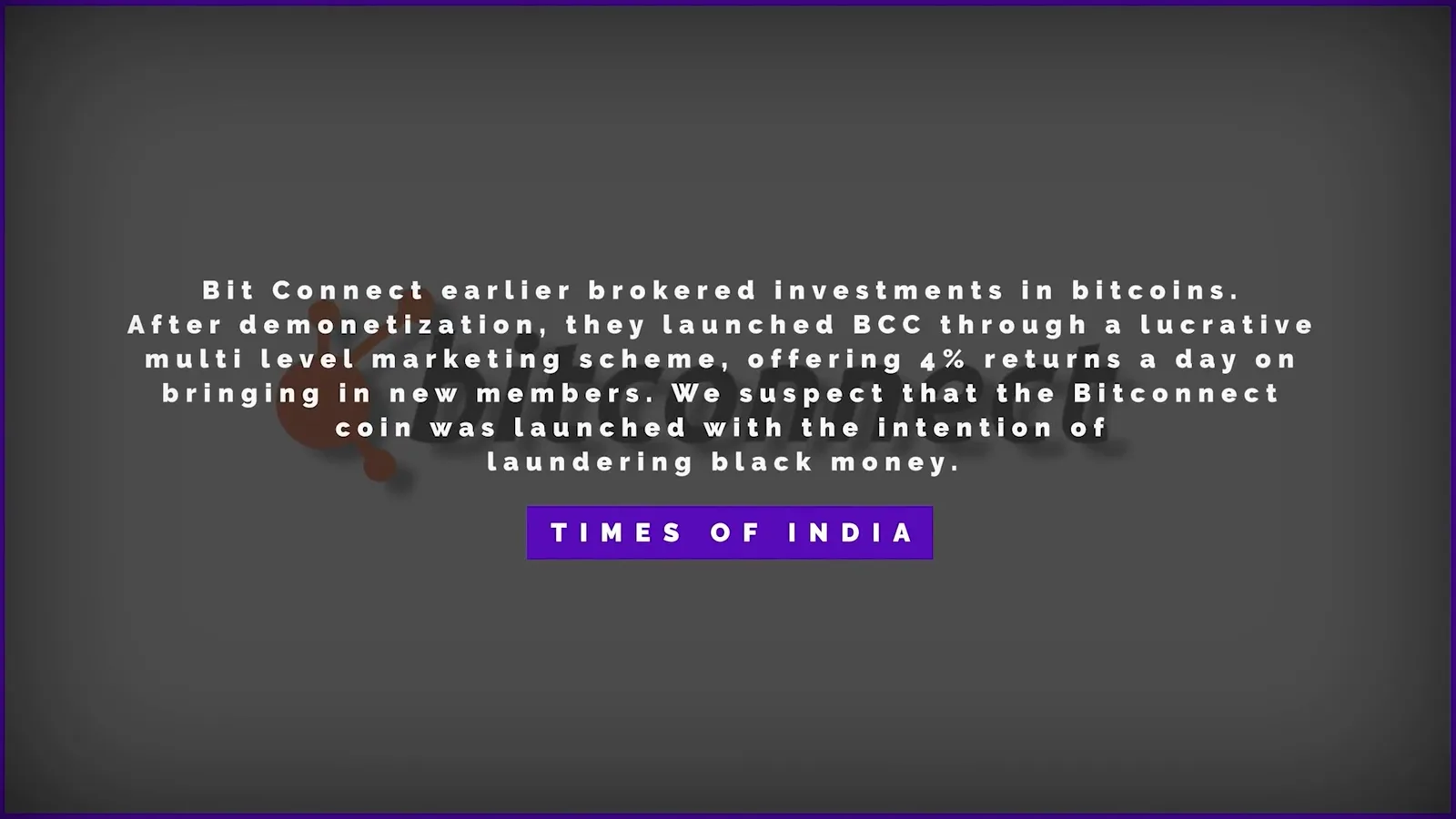 Times of India quote calling BitConnect's BCC a multi level marketing scheme for laundering black money