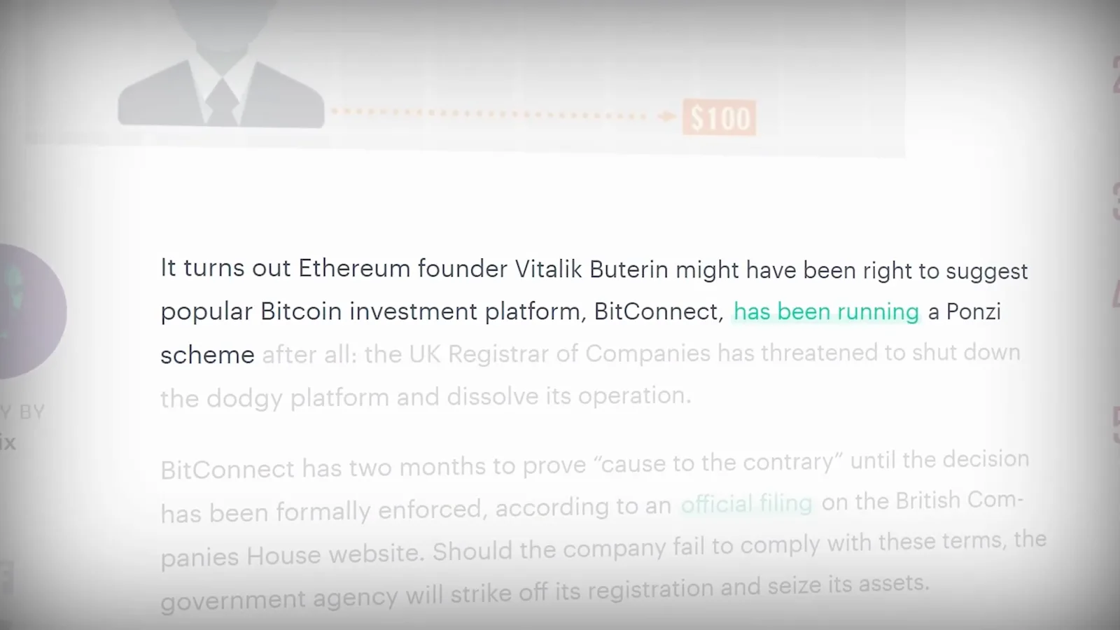 News quote saying Ethereum founder Vitalik Buterin was right that BitConnect was running a Ponzi scheme