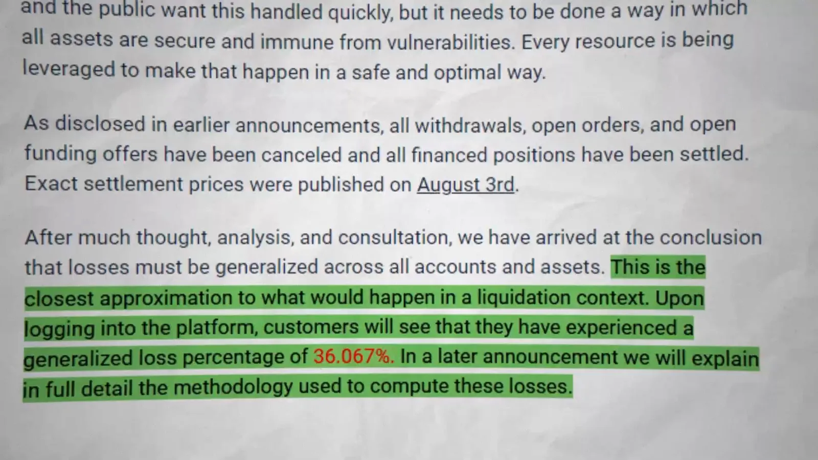 Bitfinex announcement text highlighting a generalized loss percentage of 36.067% applied across all accounts and assets after the 2016 hack Bitfinex announcement text highlighting a generalized loss percentage of 36.067% applied across all accounts and assets after the 2016 hack