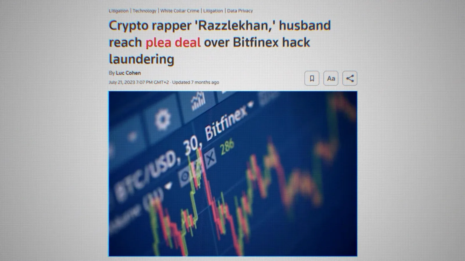 CNBC report that crypto rapper Razzlekhan and her husband reached a plea deal over the Bitfinex hack money laundering case CNBC report that crypto rapper Razzlekhan and her husband reached a plea deal over the Bitfinex hack money laundering case