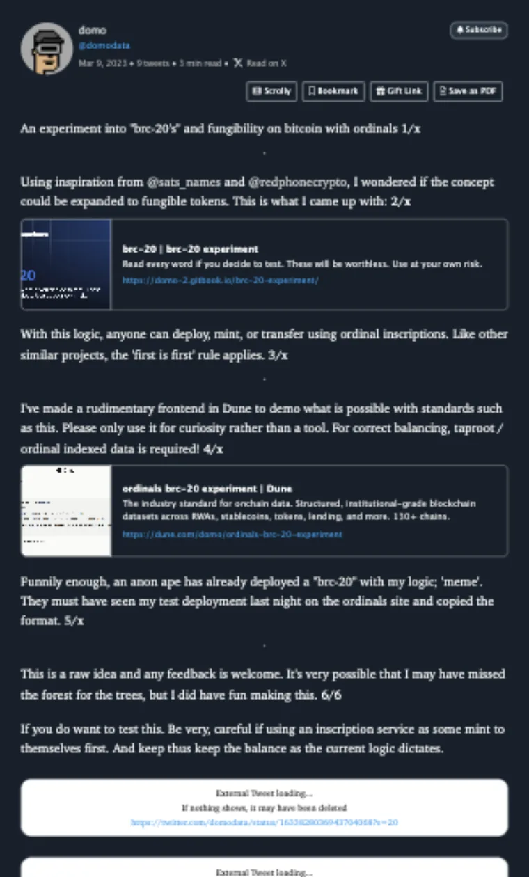 Thread Reader App archive of domo's March 9 2023 Twitter thread announcing an experiment into brc-20s and fungibility on bitcoin with ordinals with the GitBook warning that these tokens will be worthless Thread Reader App archive of domo's March 9 2023 Twitter thread announcing an experiment into brc-20s and fungibility on bitcoin with ordinals with the GitBook warning that these tokens will be worthless