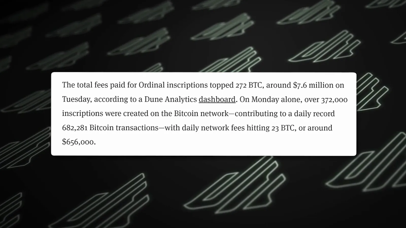 Viral May 2023 market recap quote card reporting that ordinal inscription fees topped 272 BTC around 7.6 million dollars in one week with a daily record of 682281 Bitcoin transactions and 23 BTC in daily fees Viral May 2023 market recap quote card reporting that ordinal inscription fees topped 272 BTC around 7.6 million dollars in one week with a daily record of 682281 Bitcoin transactions and 23 BTC in daily fees