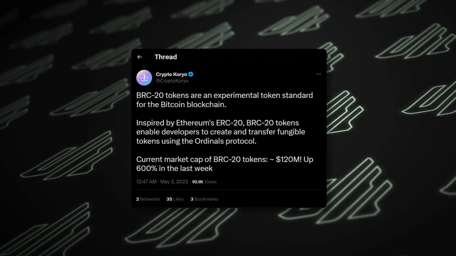 Crypto Koryo tweet dated May 3 2023 describing BRC-20 as an experimental token standard inspired by Ethereum ERC-20 with a market cap of about 120 million dollars up 600 percent in the last week Crypto Koryo tweet dated May 3 2023 describing BRC-20 as an experimental token standard inspired by Ethereum ERC-20 with a market cap of about 120 million dollars up 600 percent in the last week