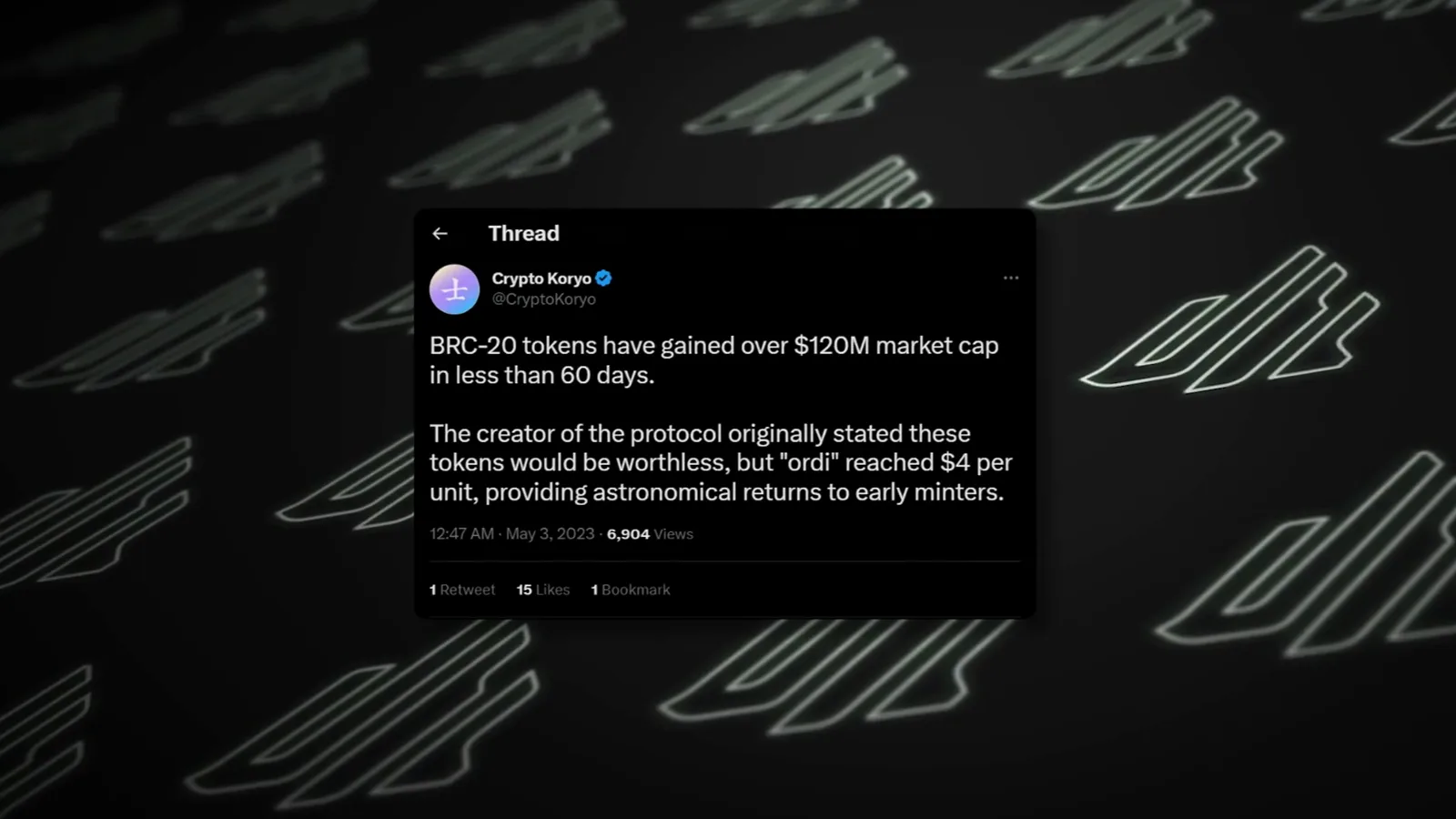 Crypto Koryo tweet with a BRC-20 index table showing 8550 total tokens and a combined market cap of 1118617956 dollars with ORDI trading at 3.43 dollars on May 3 2023 Crypto Koryo tweet with a BRC-20 index table showing 8550 total tokens and a combined market cap of 1118617956 dollars with ORDI trading at 3.43 dollars on May 3 2023