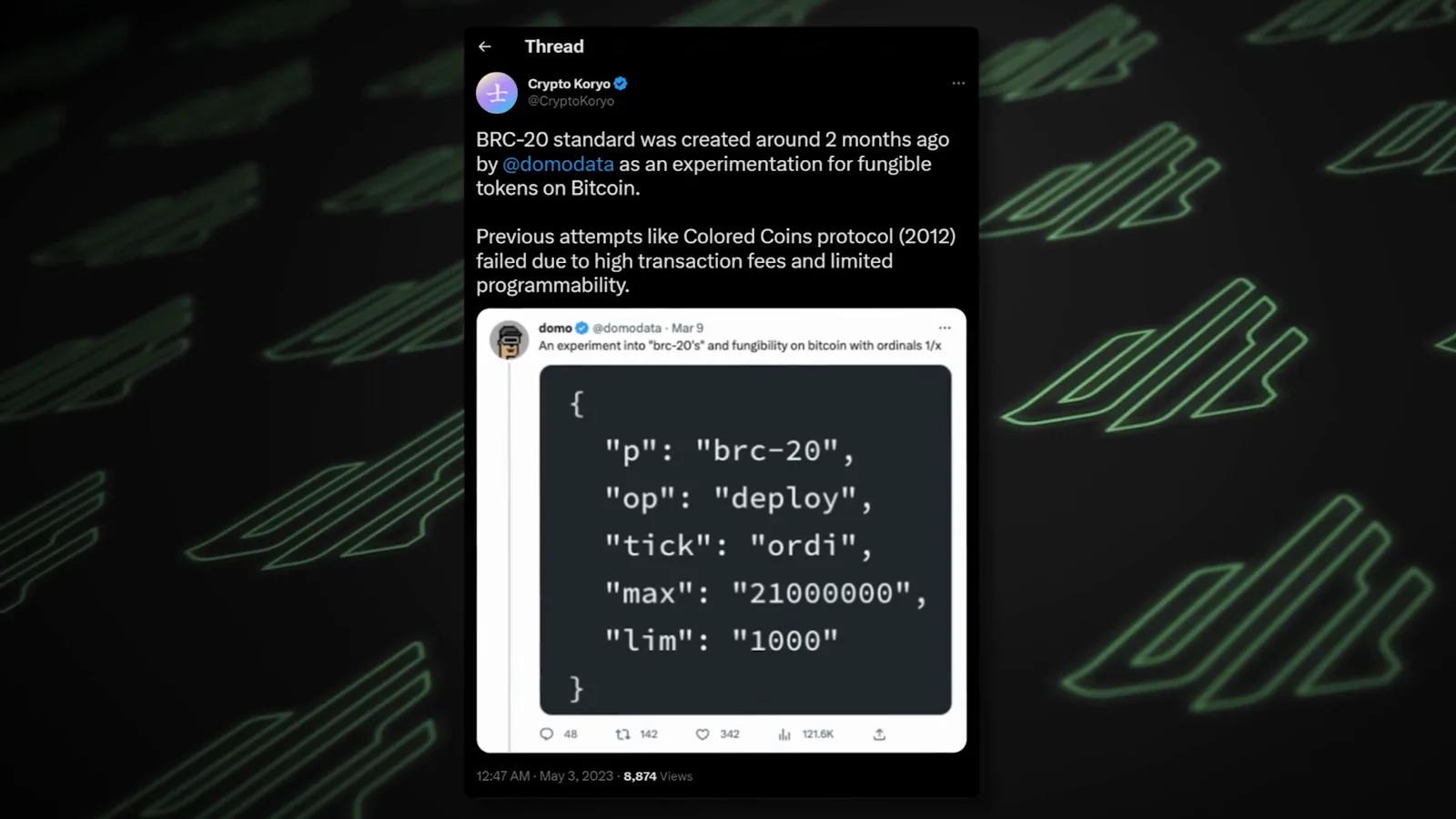 Crypto Koryo tweet from May 3 2023 quoting domo's original brc-20 experiment post and showing the ORDI deploy JSON with a 21000000 max supply and 1000 token mint limit Crypto Koryo tweet from May 3 2023 quoting domo's original brc-20 experiment post and showing the ORDI deploy JSON with a 21000000 max supply and 1000 token mint limit