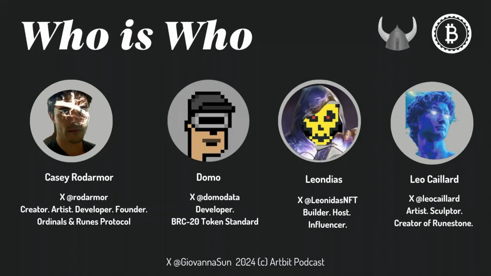 Podcast slide showing the Who is Who of the 2023 inscription era with Casey Rodarmor credited as Ordinals and Runes protocol founder and Domo as the anonymous BRC-20 token standard developer Podcast slide showing the Who is Who of the 2023 inscription era with Casey Rodarmor credited as Ordinals and Runes protocol founder and Domo as the anonymous BRC-20 token standard developer