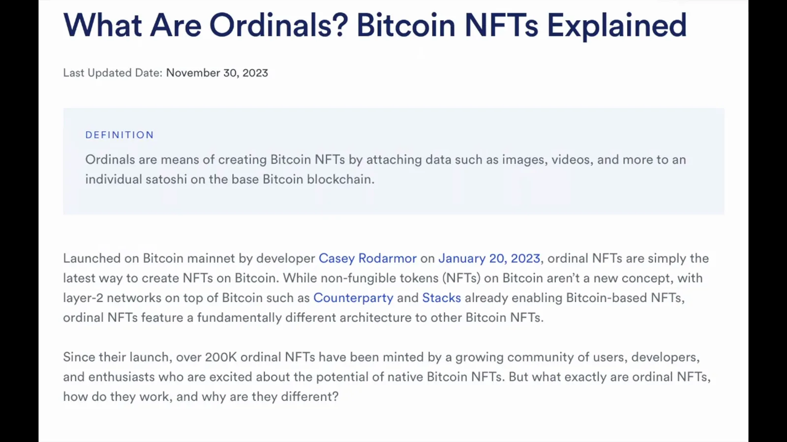 Explainer slide titled What Are Ordinals Bitcoin NFTs Explained stating that developer Casey Rodarmor launched the ordinals protocol on Bitcoin mainnet on January 20 2023 Explainer slide titled What Are Ordinals Bitcoin NFTs Explained stating that developer Casey Rodarmor launched the ordinals protocol on Bitcoin mainnet on January 20 2023