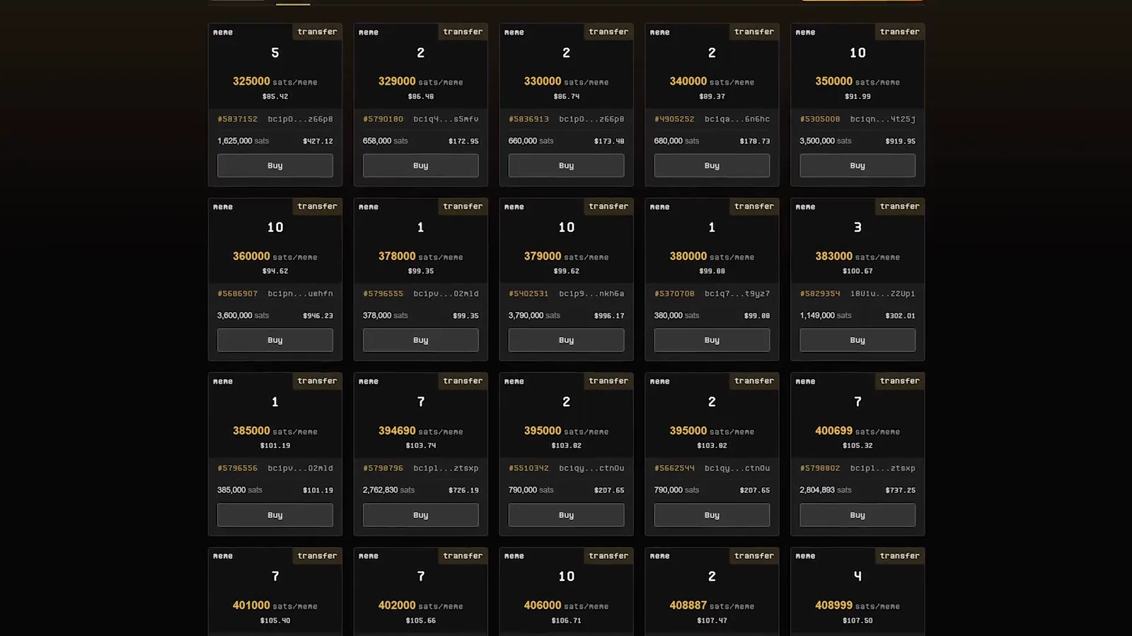 UniSat Marketplace grid of ORDI transfer listings priced between 6000 and 8810 sats per token during the May 2023 BRC-20 trading boom UniSat Marketplace grid of ORDI transfer listings priced between 6000 and 8810 sats per token during the May 2023 BRC-20 trading boom
