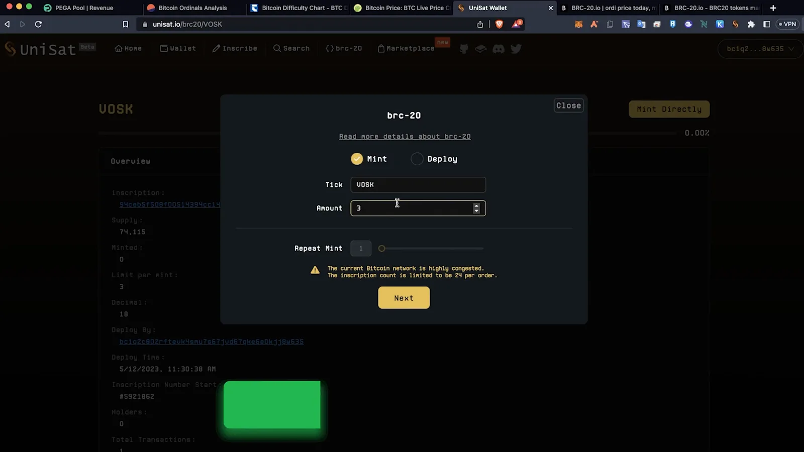 UniSat mint dialog for the VOSK BRC-20 token showing tick and amount fields with a warning that the current Bitcoin network is highly congested and inscription count is limited to 24 per order UniSat mint dialog for the VOSK BRC-20 token showing tick and amount fields with a warning that the current Bitcoin network is highly congested and inscription count is limited to 24 per order