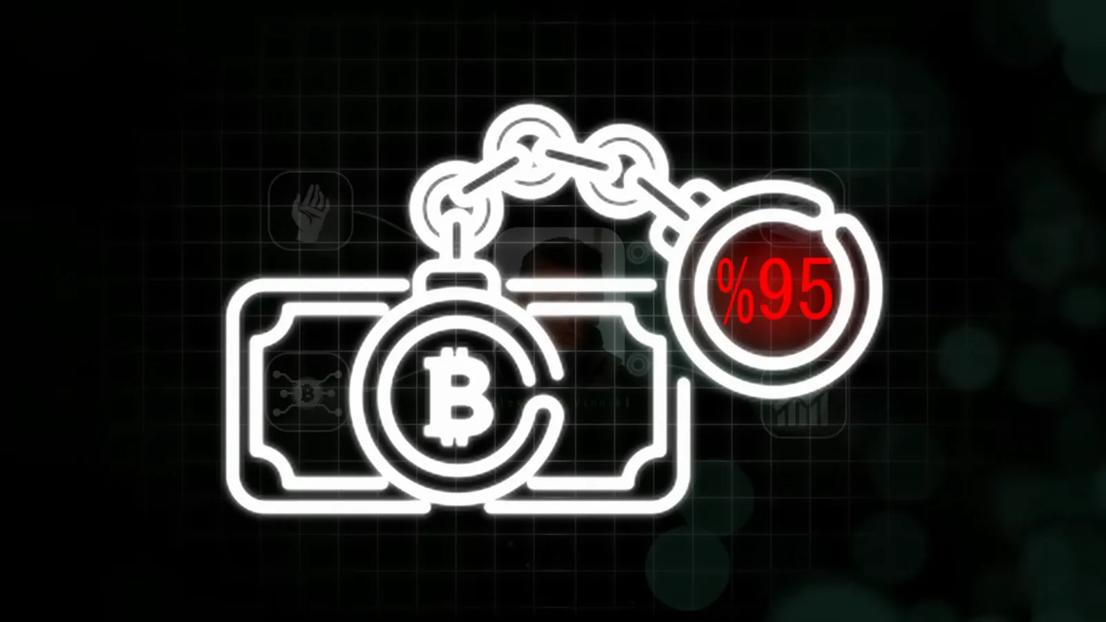 Neon illustration of a Bitcoin banknote chained in handcuffs with a red 95% badge, the documentary's count of how much of crypto's dirty money was laundered through BTC-e Neon illustration of a Bitcoin banknote chained in handcuffs with a red 95% badge, the documentary's count of how much of crypto's dirty money was laundered through BTC-e