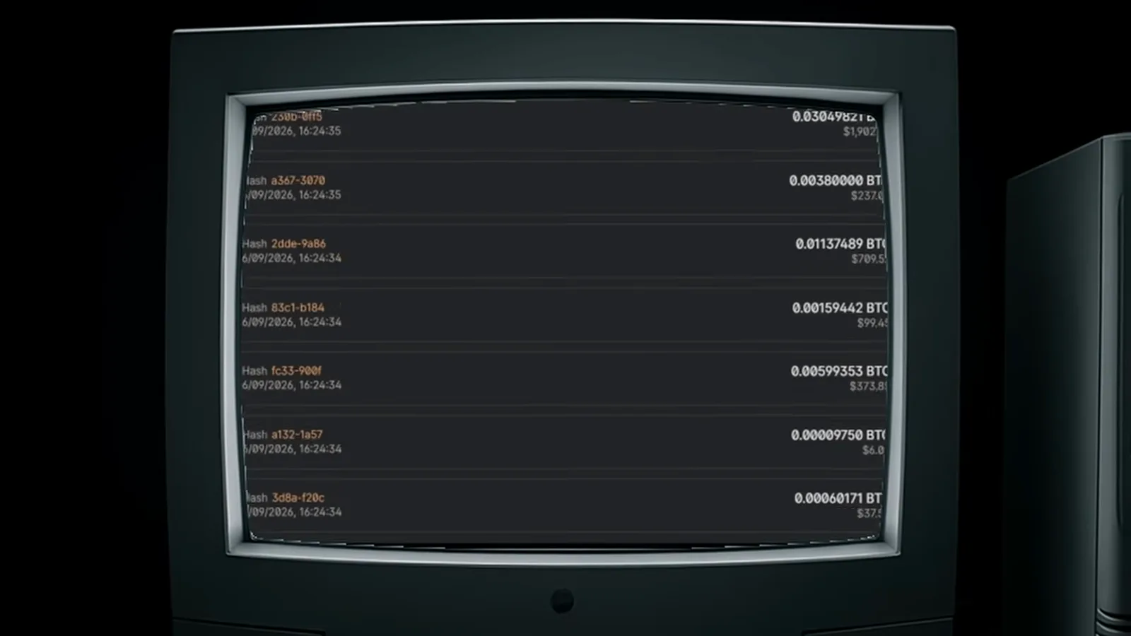 Retro CRT monitor displaying Bitcoin transaction rows from the blockchain, the manual ledger detectives scrolled line by line while tracing Mt. Gox coins Retro CRT monitor displaying Bitcoin transaction rows from the blockchain, the manual ledger detectives scrolled line by line while tracing Mt. Gox coins