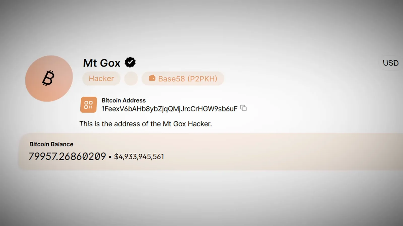 Blockchain profile card showing the Mt. Gox hacker wallet holding 79,957 BTC worth about 4.9 billion dollars, untouched since the 2011 theft Blockchain profile card showing the Mt. Gox hacker wallet holding 79,957 BTC worth about 4.9 billion dollars, untouched since the 2011 theft