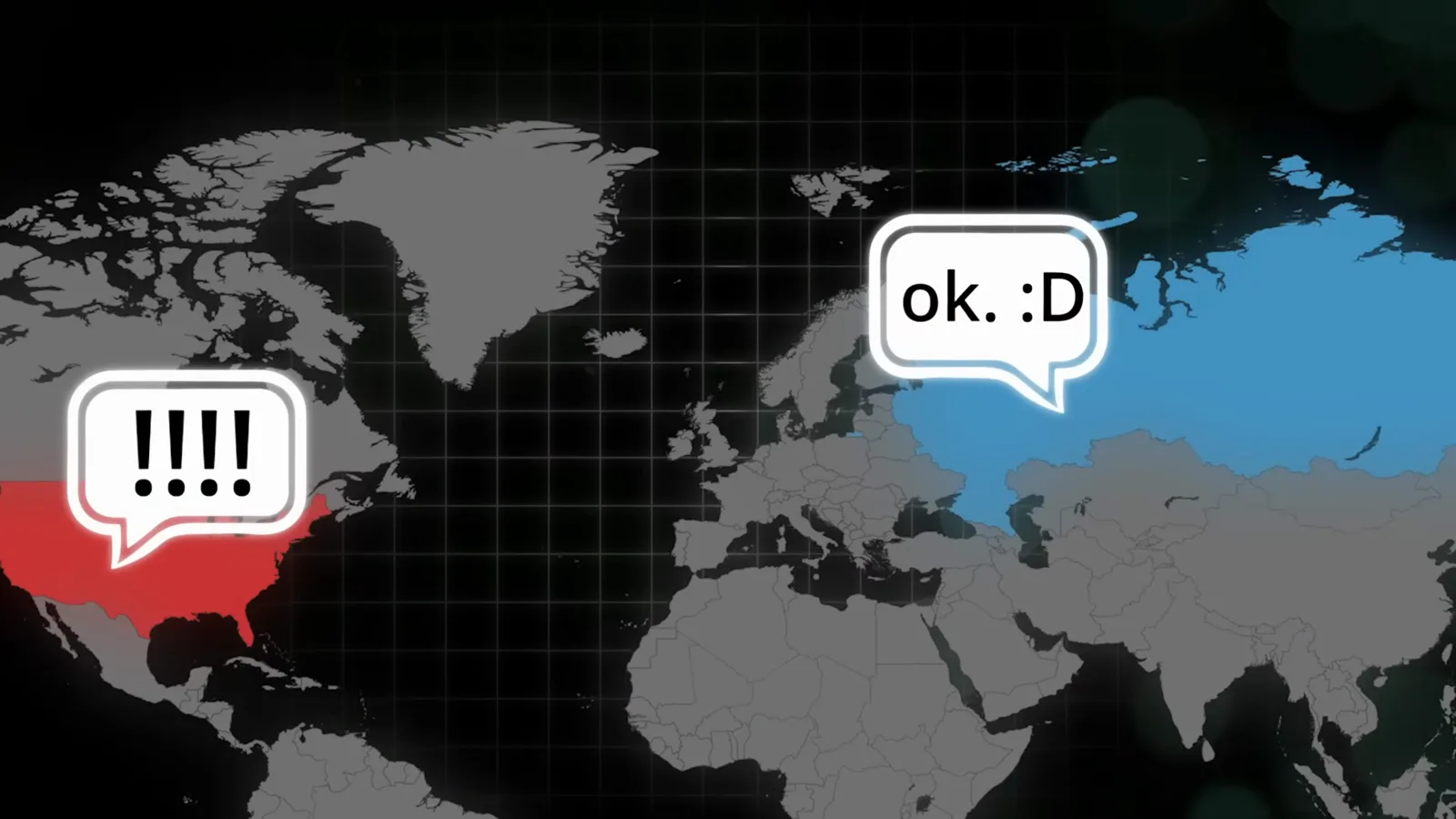 World map with the United States marked red shouting exclamation marks and Russia answering ok :D, foreshadowing the extradition standoff over Alexander Vinnik World map with the United States marked red shouting exclamation marks and Russia answering ok :D, foreshadowing the extradition standoff over Alexander Vinnik