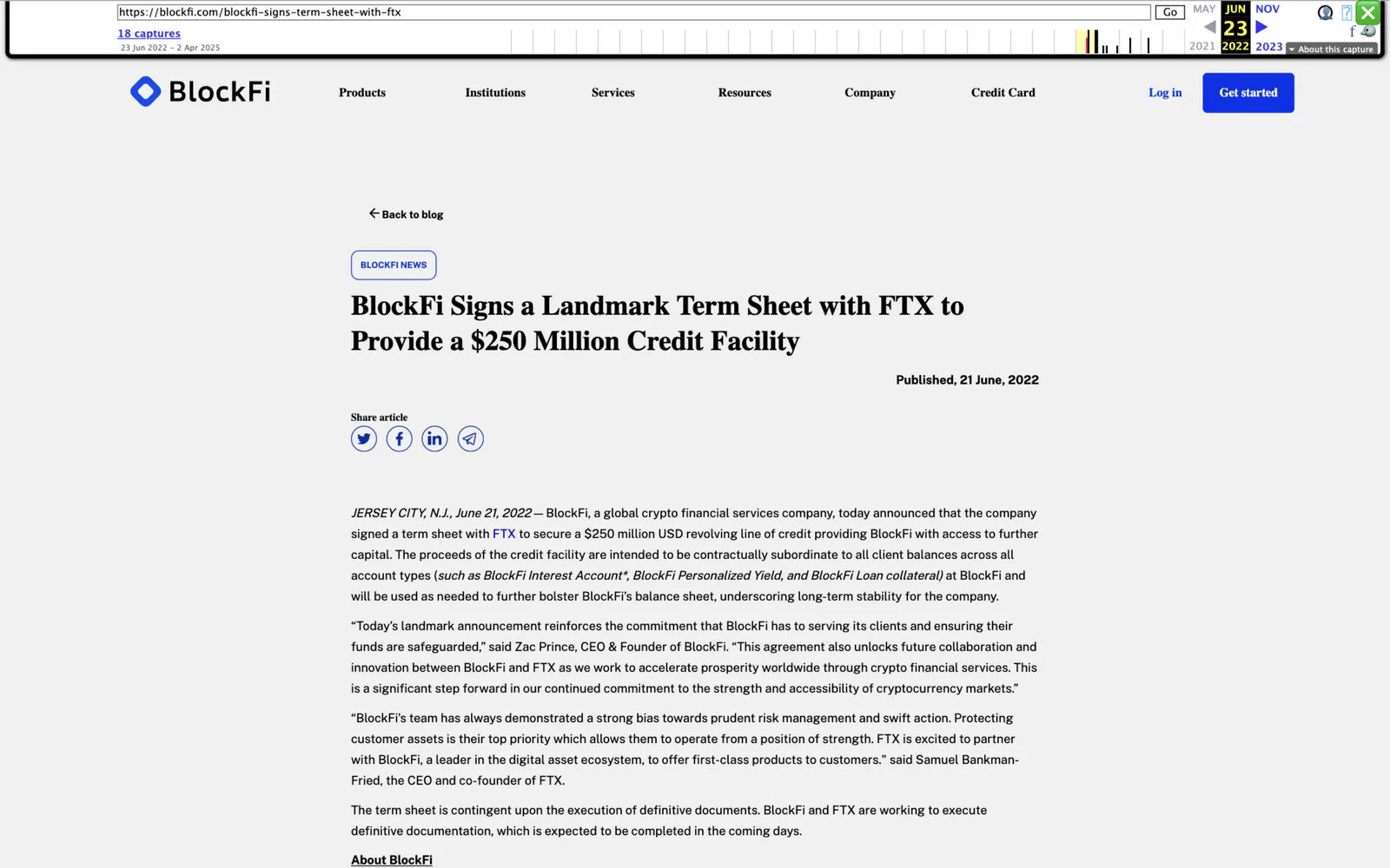 BlockFi announcement dated June 21, 2022 titled 'BlockFi Signs a Landmark Term Sheet with FTX to Provide a $250 Million Credit Facility'