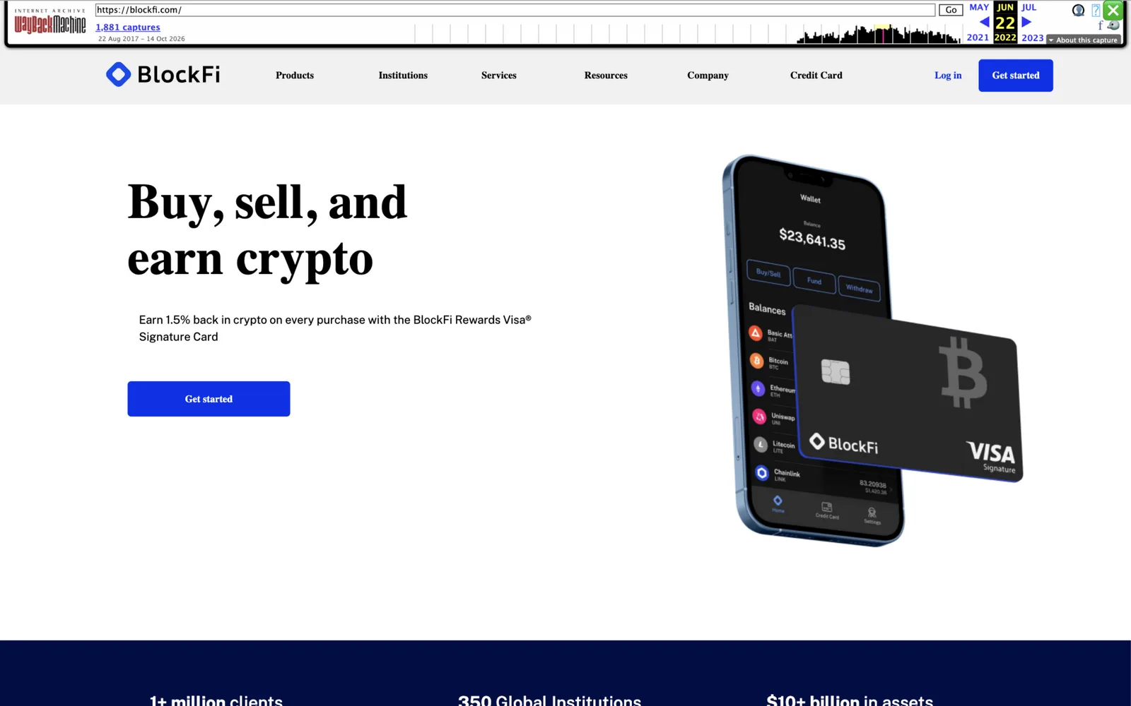 BlockFi website homepage captured on June 22, 2022 advertising buy, sell and earn crypto alongside one million clients and more than $10 billion in assets