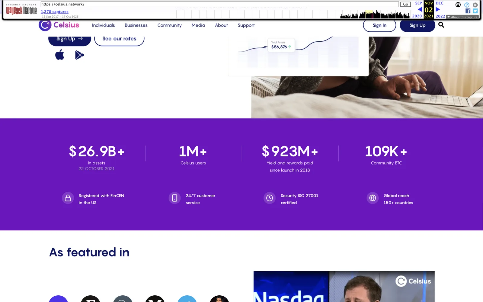 Celsius website statistics banner from November 2021 showing $26.9 billion in assets, more than 1 million users and $923 million of yield paid since 2018