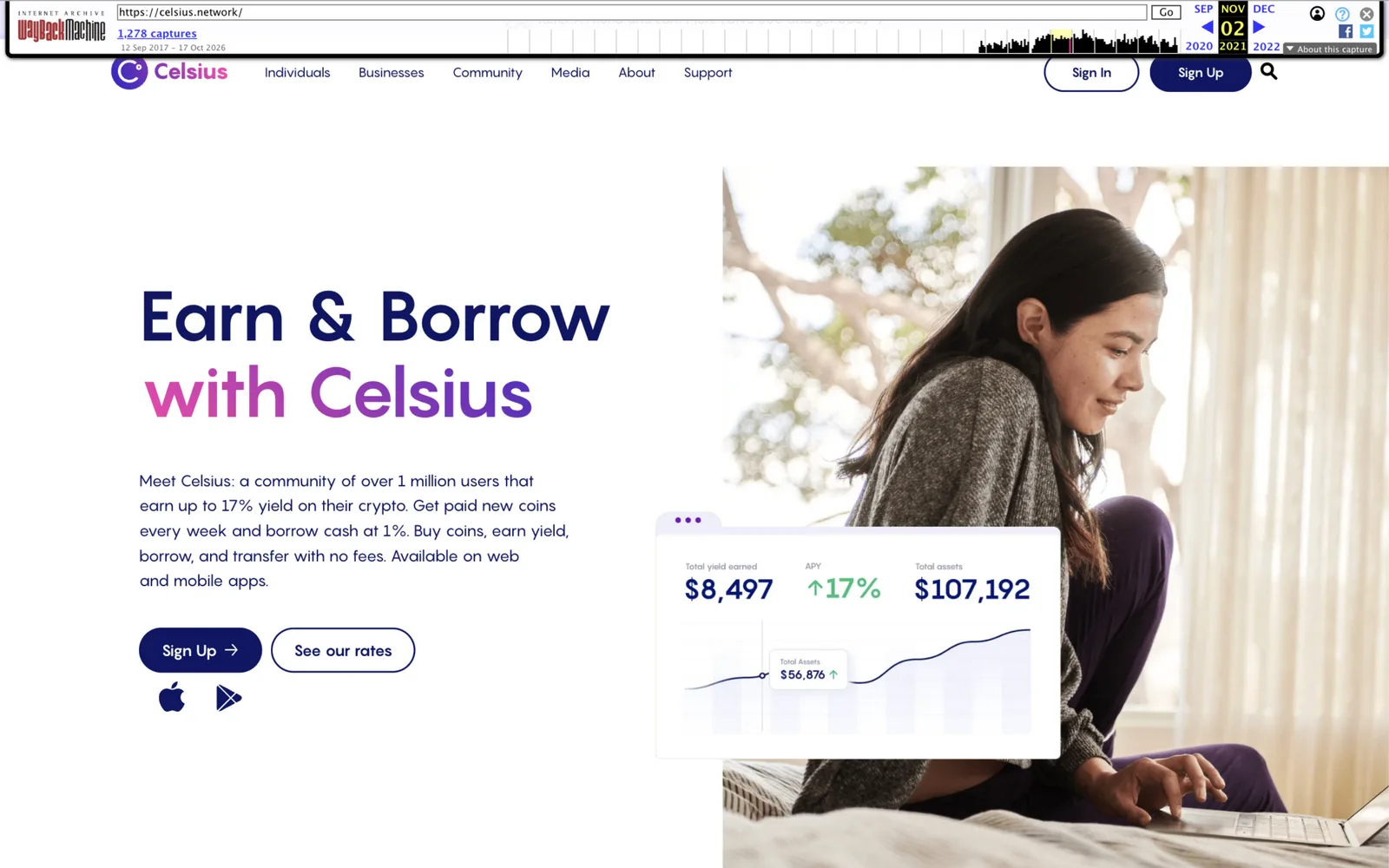 Celsius Network's archived 2021 homepage headline 'Earn & Borrow with Celsius' pitching up to 17% yield on crypto deposits and borrowing at 1%
