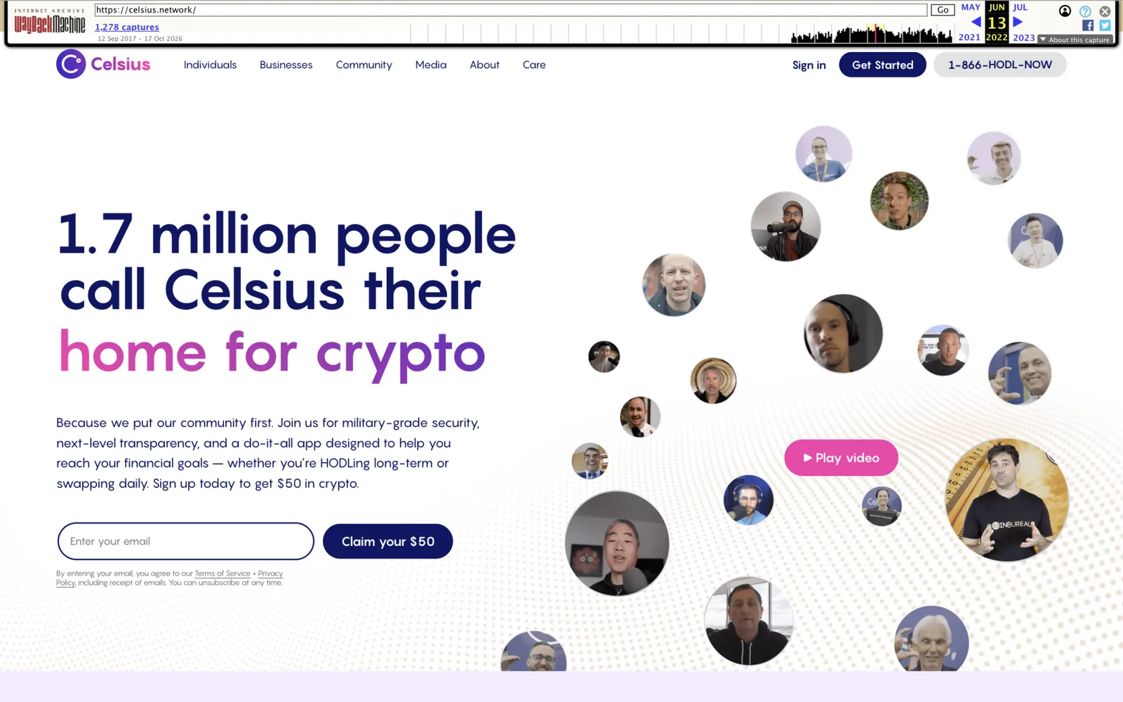 Archived Celsius marketing homepage from June 2022 still claiming 1.7 million people call Celsius their home for crypto days after withdrawals froze