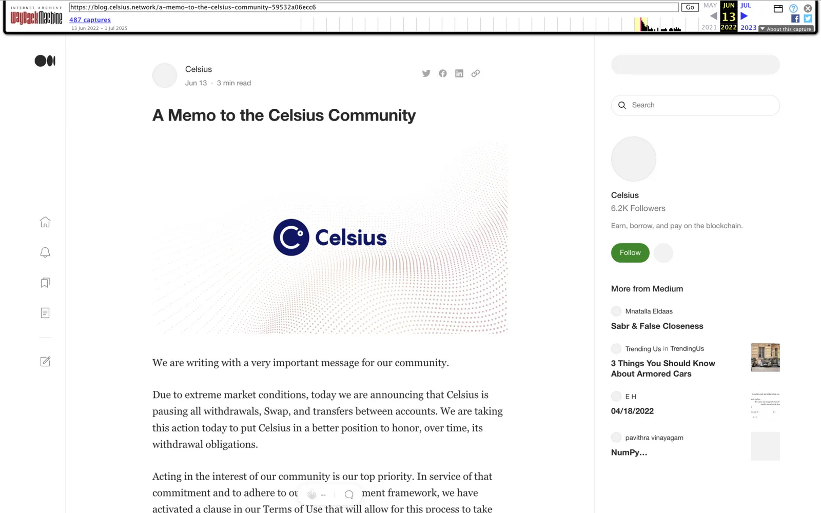 Celsius blog memo titled 'A Memo to the Celsius Community' dated June 13, 2022 announcing that withdrawals, swaps and transfers between accounts are paused