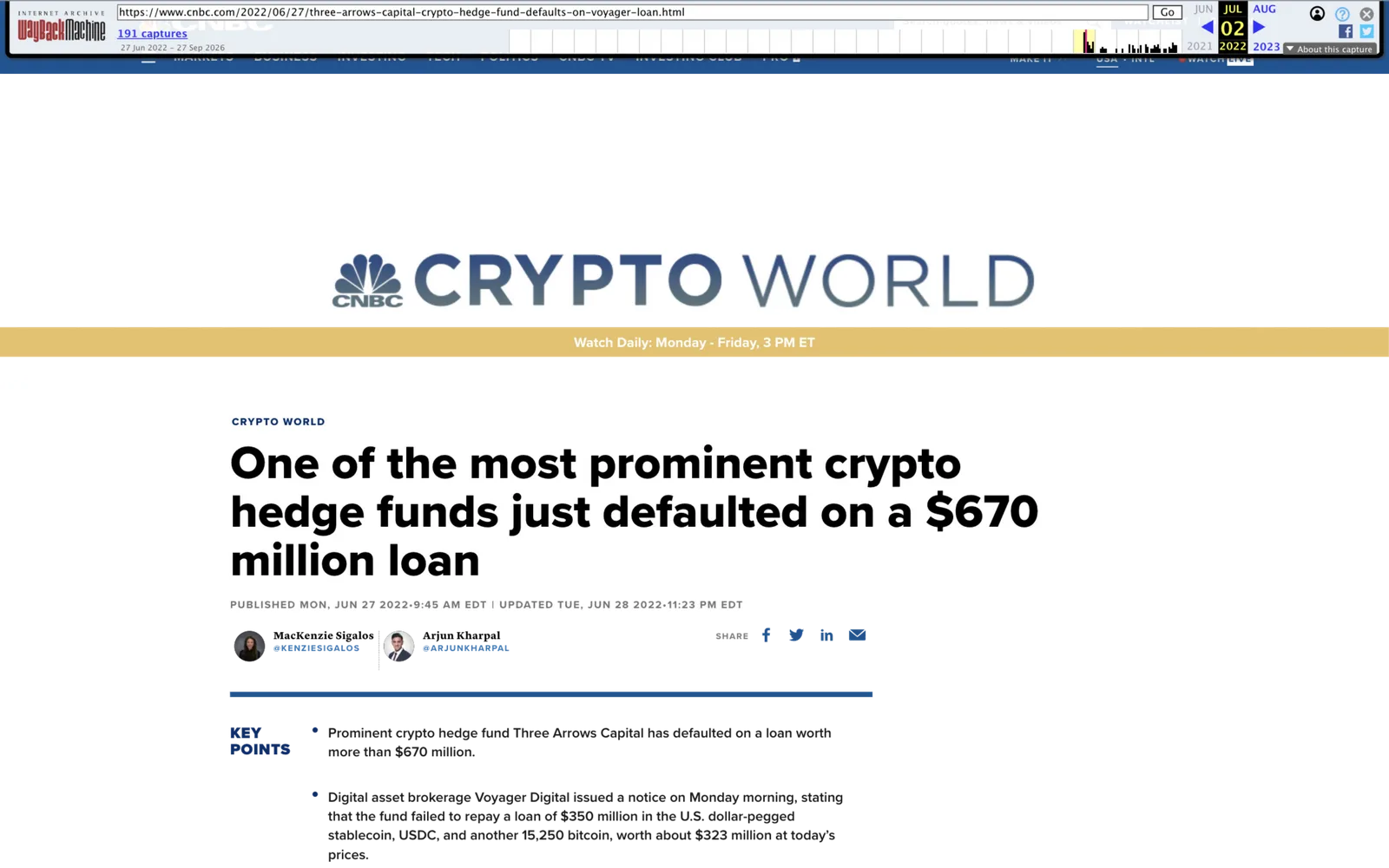 CNBC headline from June 27, 2022 reporting that hedge fund Three Arrows Capital defaulted on a $670 million Voyager loan denominated in USDC and 15,250 bitcoin