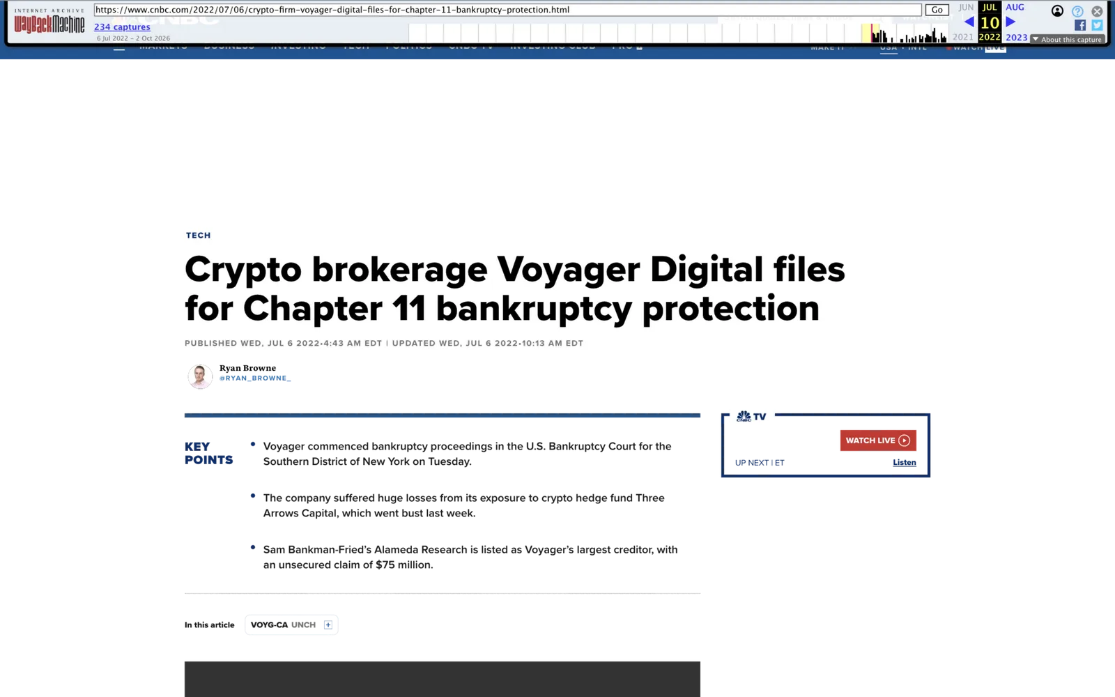 CNBC article from July 6, 2022 confirming Voyager Digital filed Chapter 11 in the Southern District of New York with Alameda Research as its largest unsecured creditor